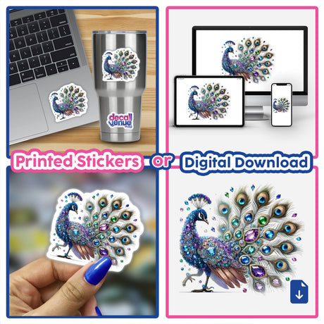 Collage of Peacock Jewels and Gemstones.png featuring stickers and digital artwork, including close-ups of peacock decals, a laptop with a peacock sticker, and a phone displaying peacock imagery.