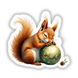 Squirrel Sleeping on Christmas Ornament: Cartoon-style squirrel cradling a green and gold ornament, available as unique stickers or digital artwork from Decal Venue.