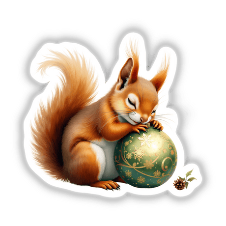 Squirrel Sleeping on Christmas Ornament: Cartoon-style squirrel cradling a green and gold ornament, available as unique stickers or digital artwork from Decal Venue.