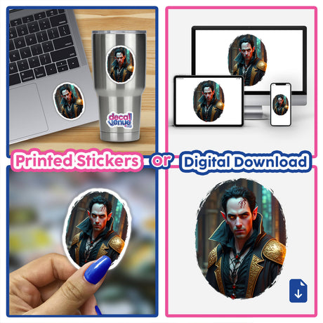 Demon Vampire Of The Underworld: A collage featuring a man with striking red eyes and a black coat, available as unique stickers or digital artwork from Decal Venue.