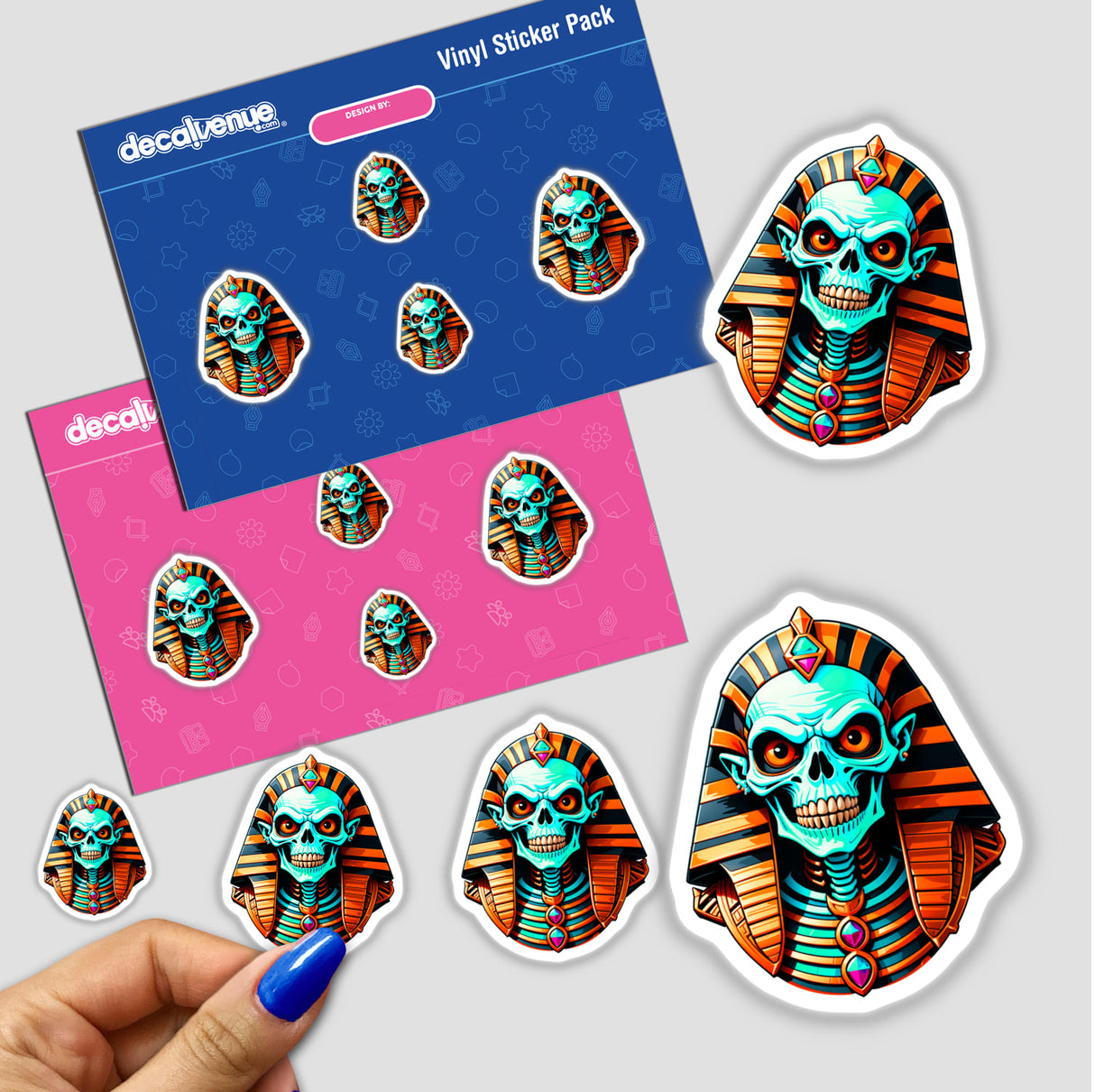 A Cool Egyptian Pharaoh Skull sticker featuring intricate skeleton designs, available as stickers or digital artwork, highlighting Decal Venue's unique vinyl art offerings.
