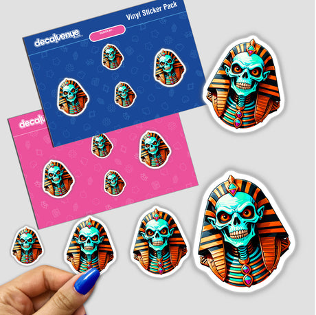 A Cool Egyptian Pharaoh Skull sticker featuring intricate skeleton designs, available as stickers or digital artwork, highlighting Decal Venue's unique vinyl art offerings.