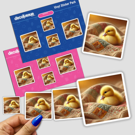 Duckling on Patterned Quilt sticker featuring a charming duckling sitting on a detailed quilt design, perfect for decorating laptops, notebooks, or digital use.