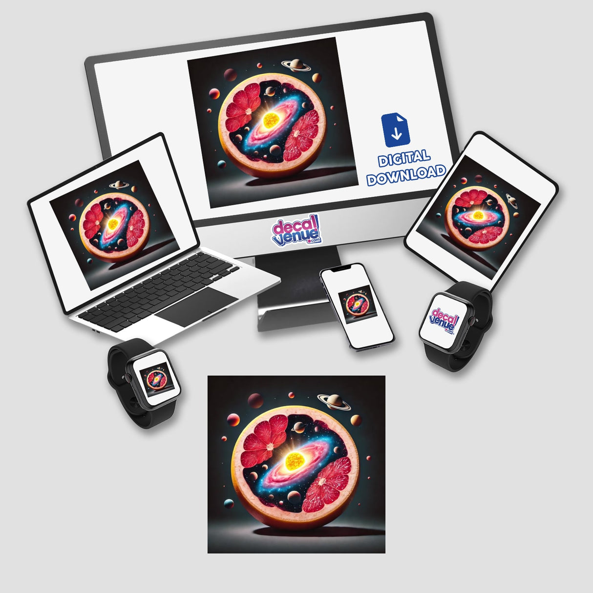 Computer monitor, laptop, tablet, and smartphone displaying Cosmic Citrus Solar System Inside a Grapefruit digital artwork, illustrating a grapefruit with planets and a galaxy inside. Available as stickers or digital artwork.