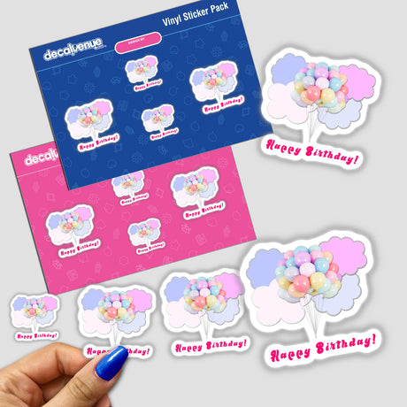 Pastel balloons floating in pink and lavender clouds on a blank background with "Happy Birthday!" stickers, digital artwork sold by Decal Venue, an online store offering unique stickers and digital art.