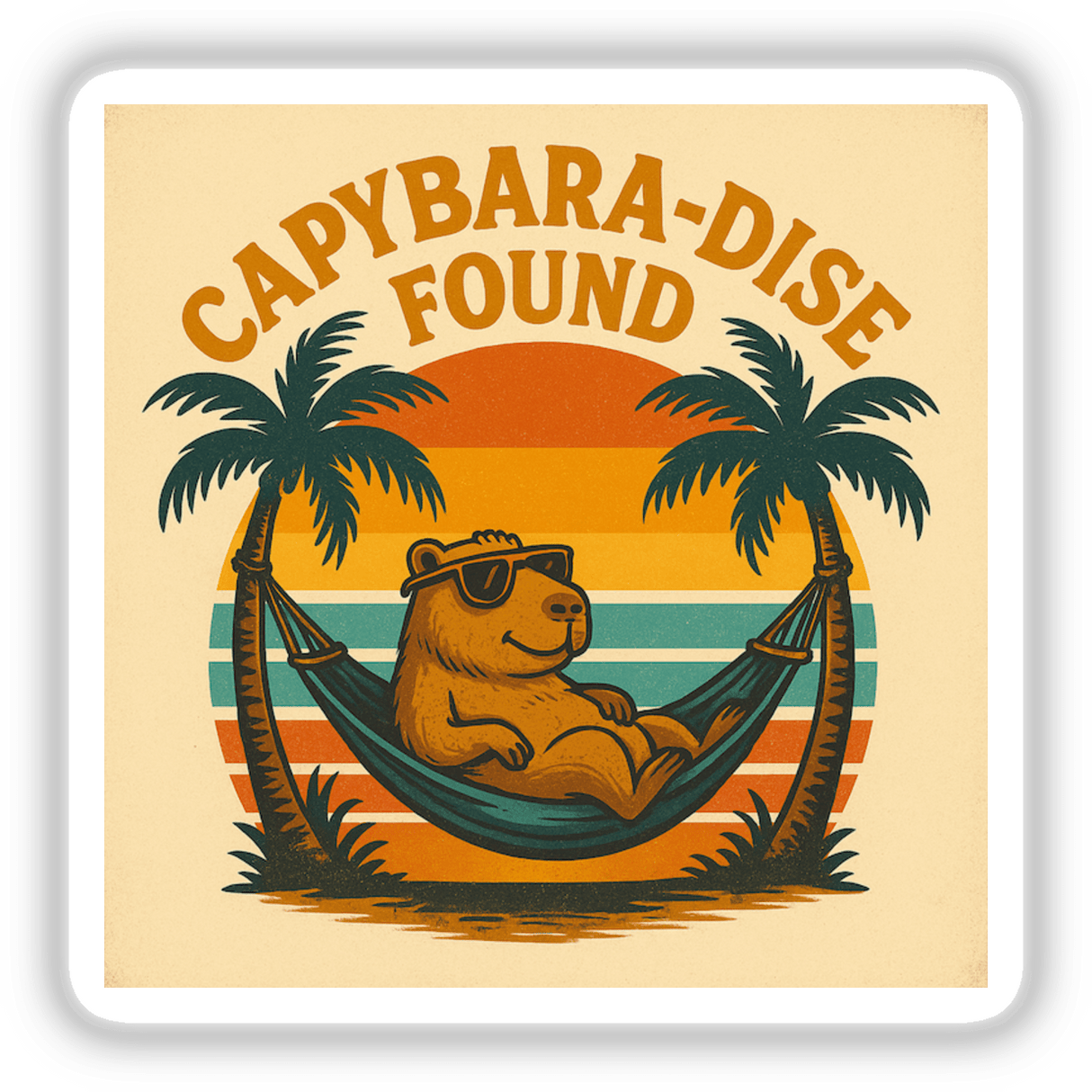 Capybara-dise Found Sticker or Clipart features a charming tropical capybara design, perfect for playful decor. Offers commercial rights for sticker or digital artwork use.