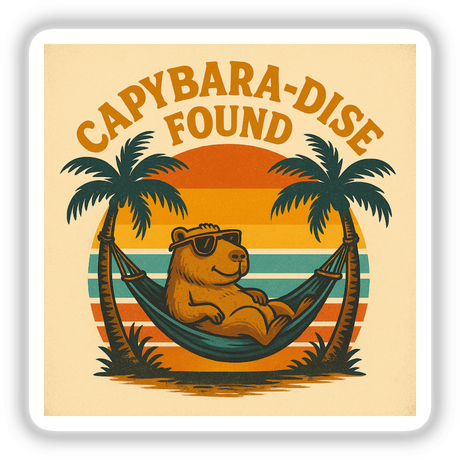 Capybara-dise Found Sticker or Clipart features a charming tropical capybara design, perfect for playful decor. Offers commercial rights for sticker or digital artwork use.