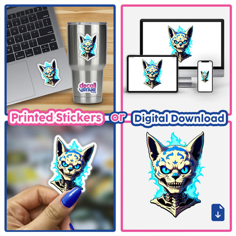 Collage featuring 'A Cool Undead Cat Skeleton' as stickers and digital download; includes a cartoon cat with blue eyes, shown on a laptop and cup, emphasizing unique vinyl art.