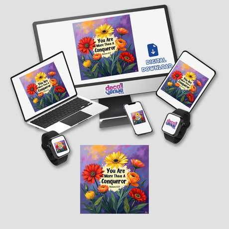 Fauvist Spring Ranunculus “You Are More Than A Conqueror” Romans 8:37 Sticker or Clipart, featuring vibrant flower designs on various devices, available with commercial rights.