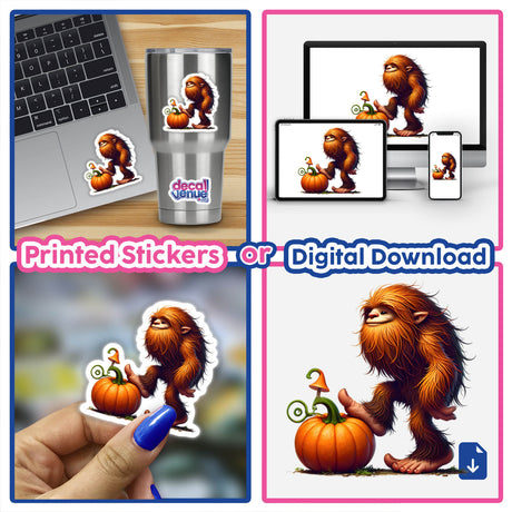 Whimsical Sasquatch with Pumpkin - Vibrant digital art captures a friendly Sasquatch creature holding an orange pumpkin, showcasing the product's versatile designs for stickers or digital downloads from Decal Venue.
