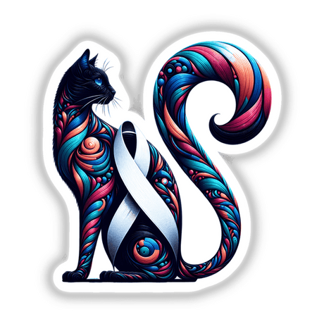 Cat White Ribbon Bone Cancer Awareness sticker or digital artwork featuring a colorful cat with a white ribbon, showcasing unique graphic design elements. Available at Decal Venue.