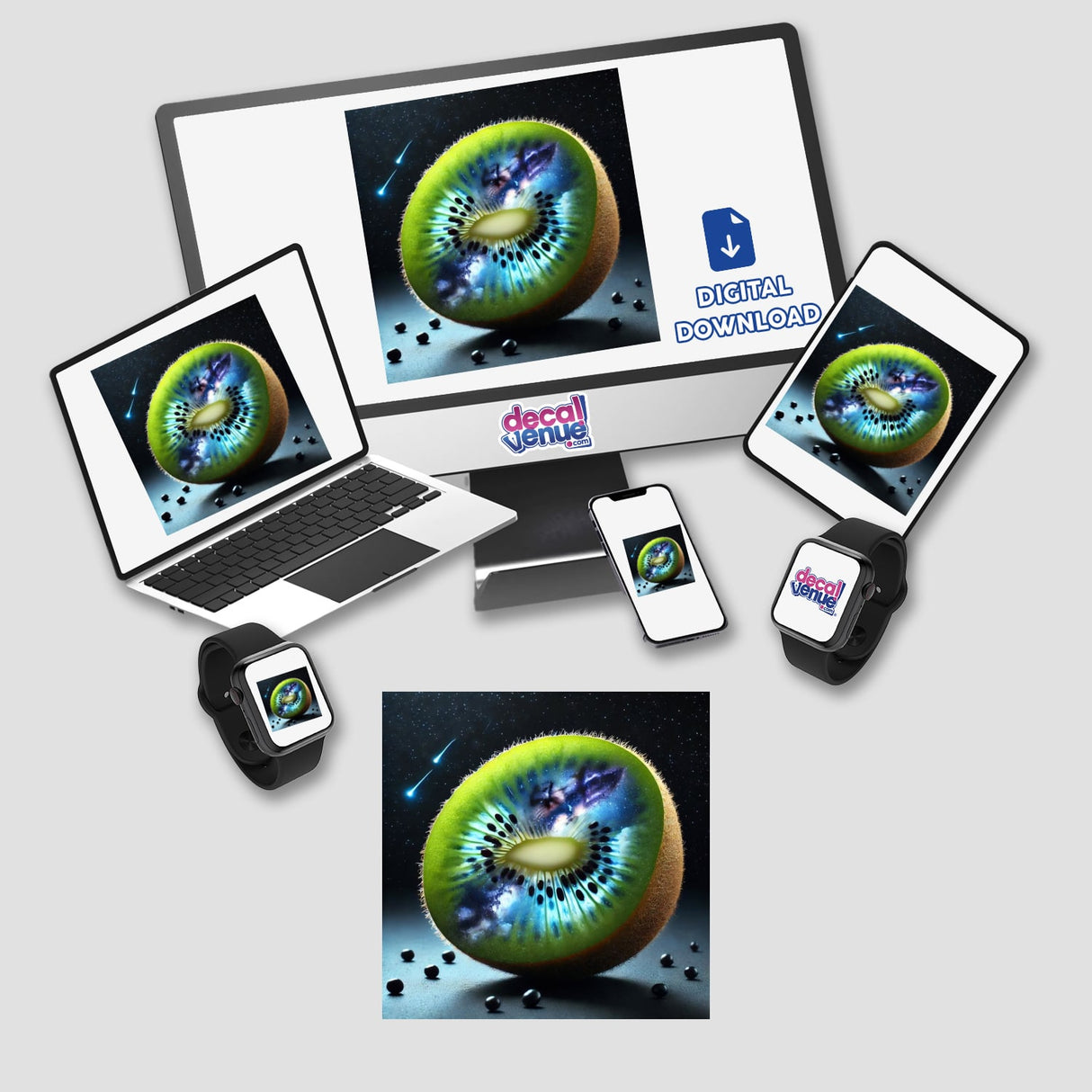Celestial Kiwi Night Sky Within a Kiwi: A computer monitor and laptop displaying an artwork of a kiwi fruit with a night sky scene inside, available as stickers or digital art.