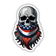 A Cool Skull With An American Flag Bandana illustration, featuring a bearded skull wearing a red, white, and blue bandana with stars, available as stickers or digital artwork.