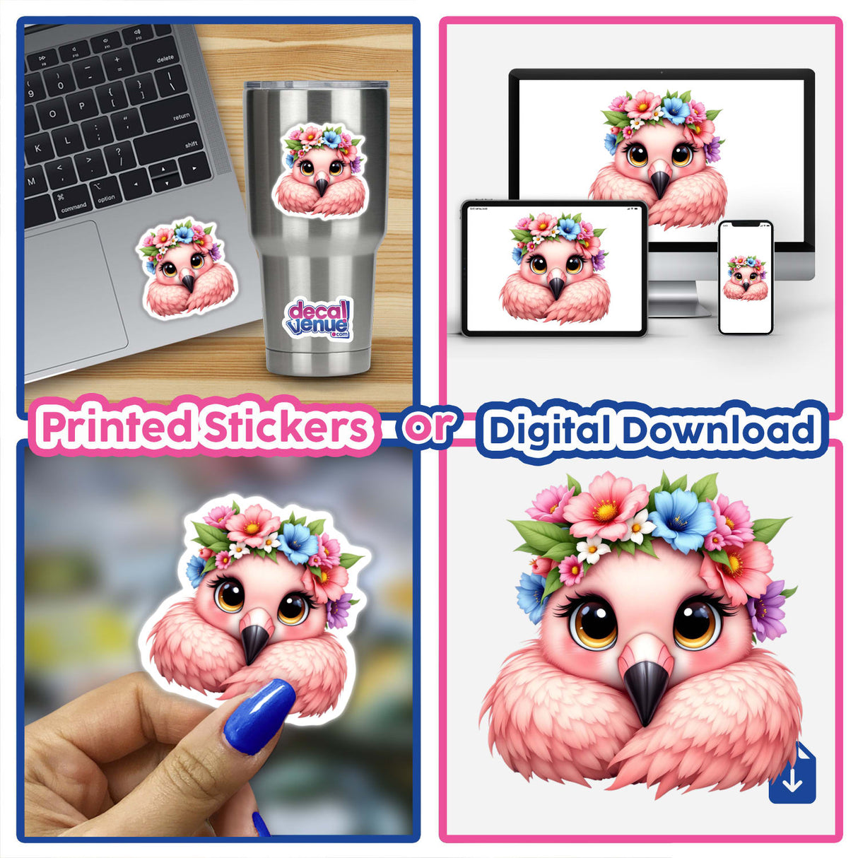 Charming Flamingo with a Flower Crown sticker collage, featuring a whimsical flamingo adorned with floral elements, ideal for versatile decorative use. Perfect for home, office, or as a thoughtful gift.