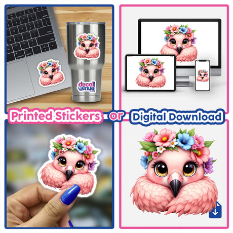 Charming Flamingo with a Flower Crown sticker collage, featuring a whimsical flamingo adorned with floral elements, ideal for versatile decorative use. Perfect for home, office, or as a thoughtful gift.