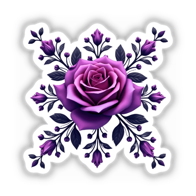 Elegant Purple Rose Clipart featuring a detailed purple rose with leaves and flowers, available as stickers or digital artwork for commercial use.