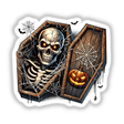 Spooky Halloween skeleton peeking out of coffin with spider web decor and jack-o-lantern