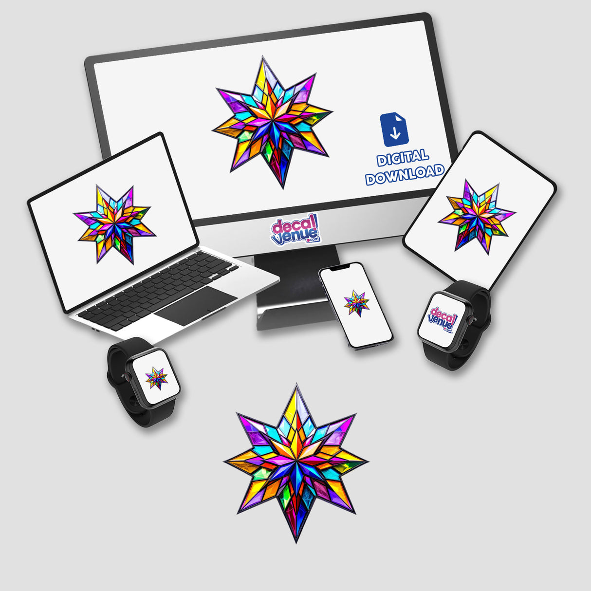 Star Stained Glass Style design displayed on a computer monitor and laptop, showcasing vibrant star patterns. Available as stickers or digital artwork from Decal Venue.