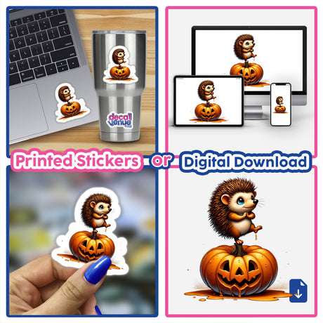 Hedgehog Standing on Pumpkin: A collage featuring a cartoon hedgehog atop a carved pumpkin, showcased as stickers or digital artwork from Decal Venue.