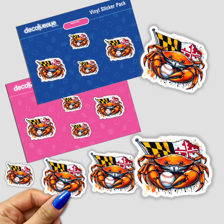 Maryland Flag Baseball Crab Splash sticker featuring a cartoon crab holding a baseball and a flag, ideal for fans of unique vinyl stickers and digital art.