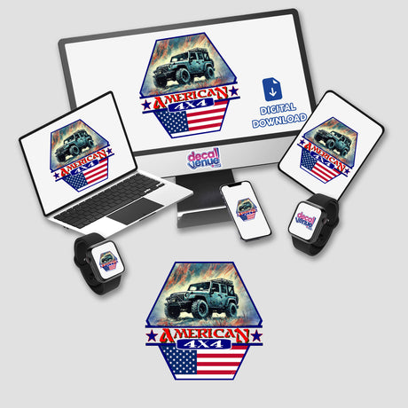 Jeep 4x4 digital artwork displayed on a laptop screen, featuring a blue jeep on a dirt road. Available as stickers or digital artwork from Decal Venue.