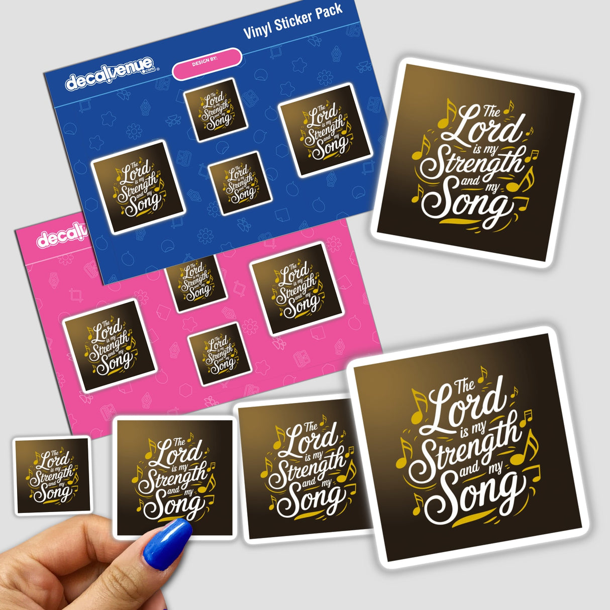 Hand holding The Lord is My Strength and My Song sticker pack featuring Exodus 15:2 Bible verse, showcasing Christian quotes. Available as stickers or digital artwork.