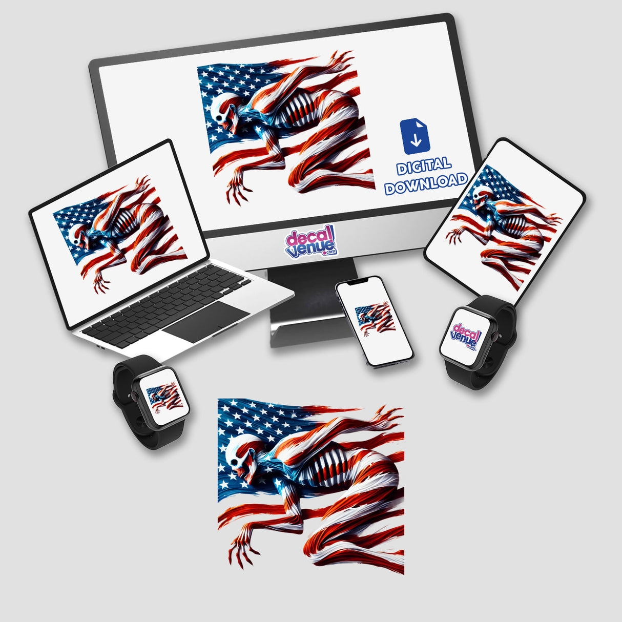 Patriotic Zombie American Flag Stars Stripes design on computer, laptop, and phone screens, featuring a zombie skeleton with American flag elements, available as stickers or digital downloads.