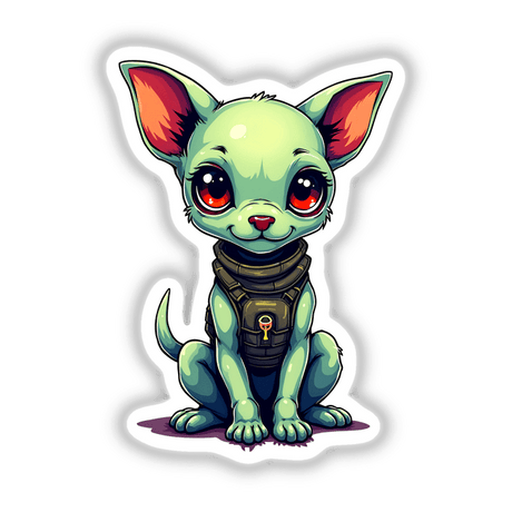 A Cute Dog From Space cartoon illustration, featuring a whimsical dog with big eyes, available as stickers or digital artwork, perfectly capturing Decal Venue's unique and playful style.