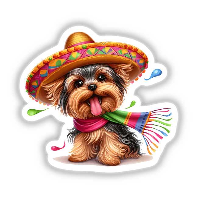 Cute Yorkie dog in a colorful sombrero hat