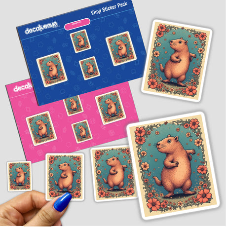 Capybara Floral Border Sticker or Clipart with Commercial Rights; features whimsical cartoon capybaras surrounded by flowers, available as stickers or digital artwork, ideal for unique designs.