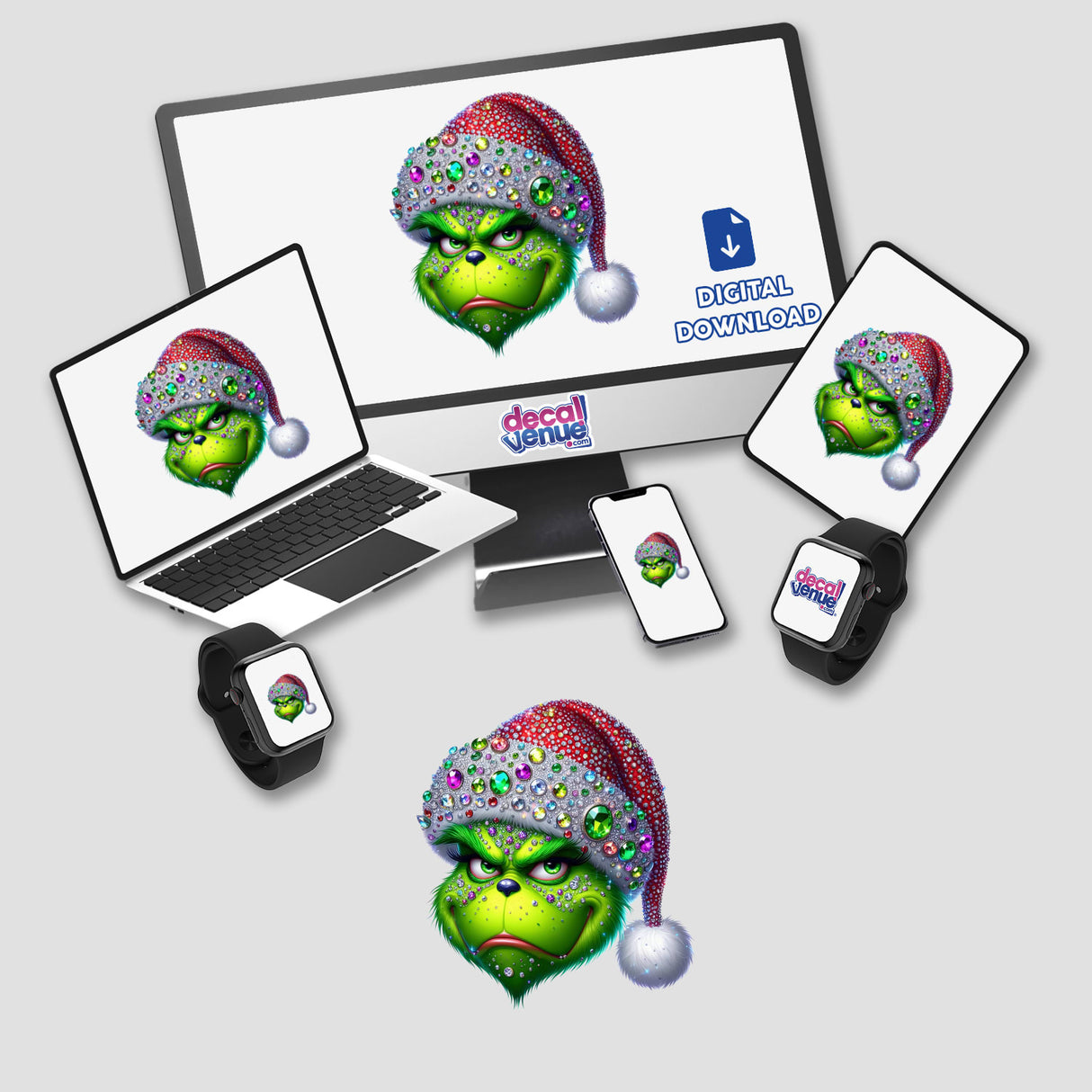 Green Grouch Christmas Face with Jeweled Santa Hat I featured on a computer monitor and laptop, capturing the whimsical cartoon character ideal for stickers or digital artwork from Decal Venue.