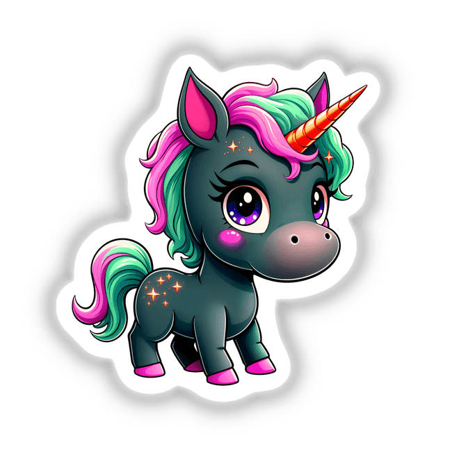 Cute And Magical Pony Unicorn illustration available as stickers or digital artwork, featuring a charming cartoon unicorn with whimsical details, perfect for adding a playful touch to any surface.
