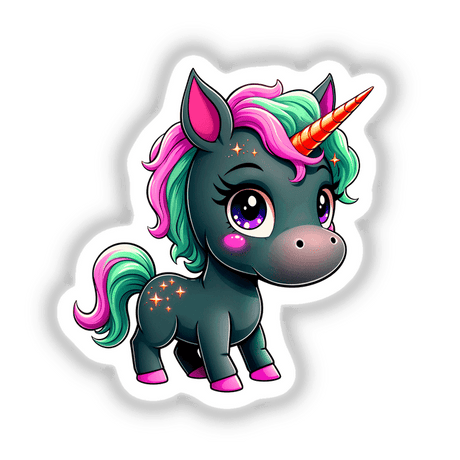 Cute And Magical Pony Unicorn illustration available as stickers or digital artwork, featuring a charming cartoon unicorn with whimsical details, perfect for adding a playful touch to any surface.