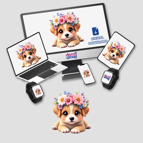 Playful Puppy with a Springtime Flower Crown displayed on a computer monitor and laptop, showcasing a cartoon puppy adorned with a vibrant floral crown, embodying joyful and whimsical digital art.