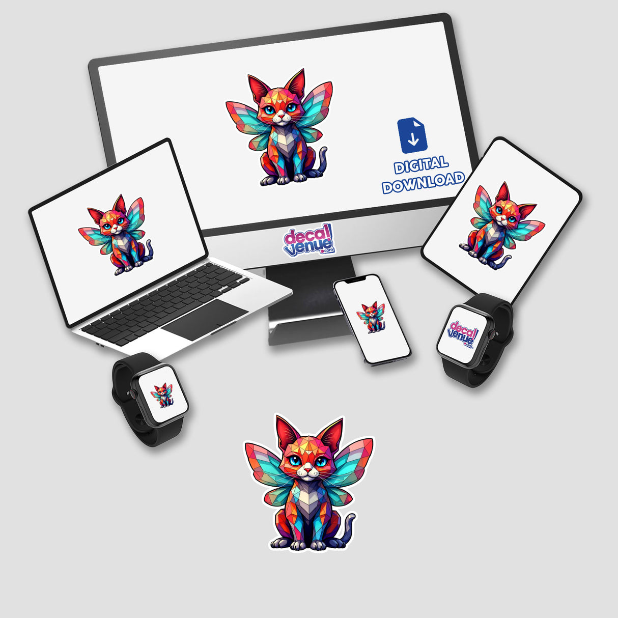 A Cute Geometric Fairy Cat displayed on various devices, showcasing its wings and whimsical style. Available as stickers or digital artwork from Decal Venue.
