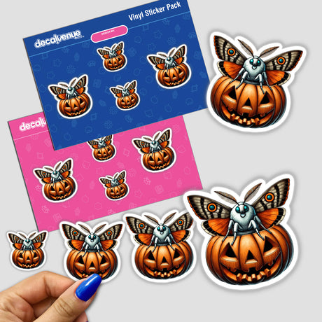 Artistic Halloween-themed digital stickers featuring a moth peeking out of a carved pumpkin, displayed on colorful packaging from the Decal Venue brand.