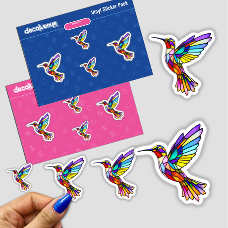 Hummingbird Stained Glass Style stickers showcase vibrant, artistic depictions of hummingbirds, ideal for embellishing surfaces or digital use, capturing the unique essence of Decal Venue's creative offerings.