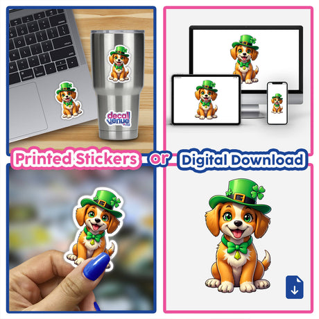 St. Patrick's Day Puppy stickers featuring a cartoon dog in a green hat, available as vinyl decals or digital artwork, shown on a laptop and cup.