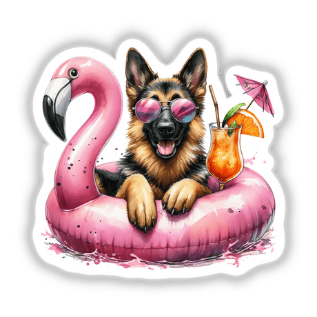 Happy German Shepherd on Flamingo Float