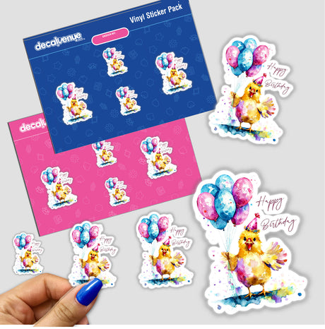 Colorful digital artwork stickers featuring a chick with balloons, perfect for celebrating birthdays or expressing joyful emotions. The product is displayed in a Decal Venue branded vinyl sticker pack, showcasing the vibrant and whimsical design.
