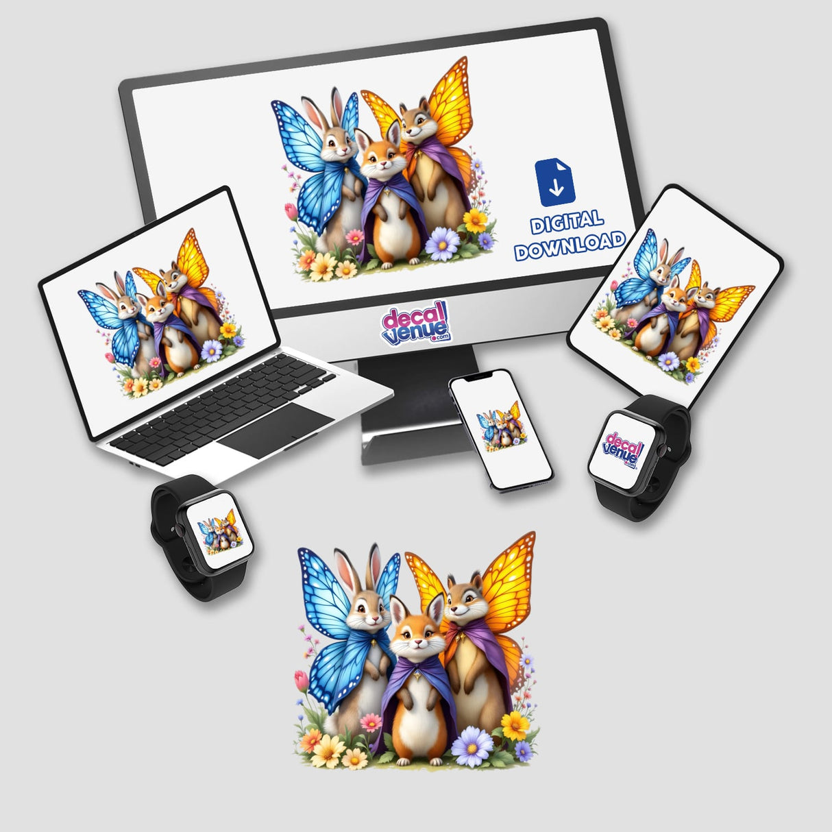 Anthropomorphic Animals with Butterfly Wings as Capes displayed on a computer monitor and laptop, featuring cartoon animals with butterfly wings, available as stickers or digital artwork.