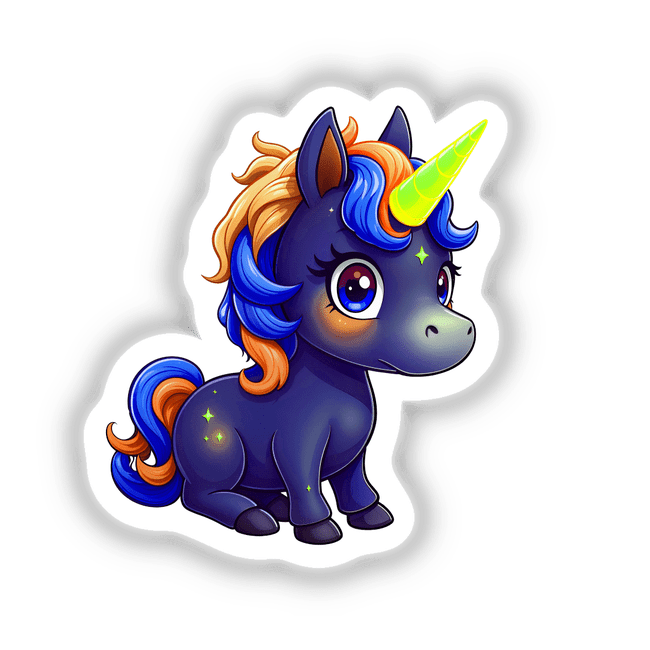 Cute and Magical Pony Unicorn cartoon illustration available as stickers or digital artwork, showcasing a whimsical, animated unicorn design. Perfect for fans of unique, playful animal figures from Decal Venue.
