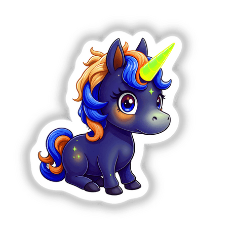 Cute and Magical Pony Unicorn cartoon illustration available as stickers or digital artwork, showcasing a whimsical, animated unicorn design. Perfect for fans of unique, playful animal figures from Decal Venue.