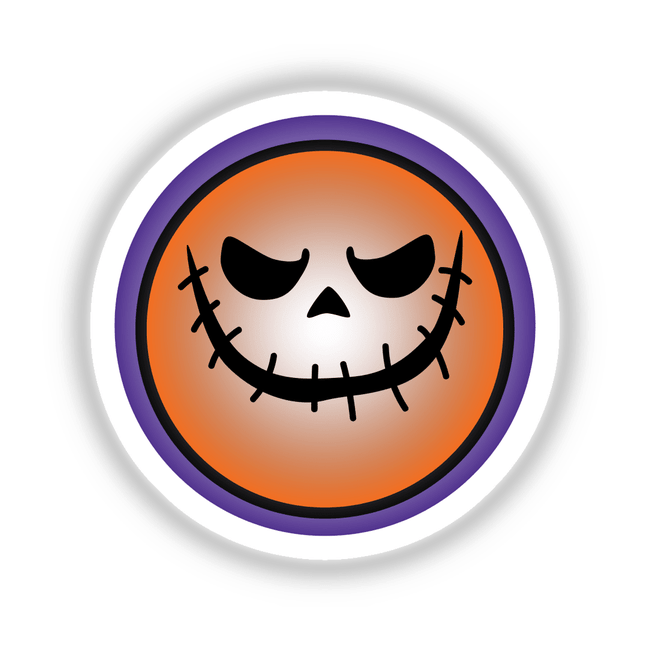 Halloween Face sticker or digital artwork featuring a quirky, smiley face on an orange and purple circle, ideal for unique, fun decor.