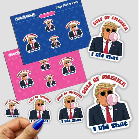 Gulf of America I Did That II stickers and envelopes featuring a cartoon man blowing bubble gum, available as unique vinyl stickers or digital artwork from Decal Venue.