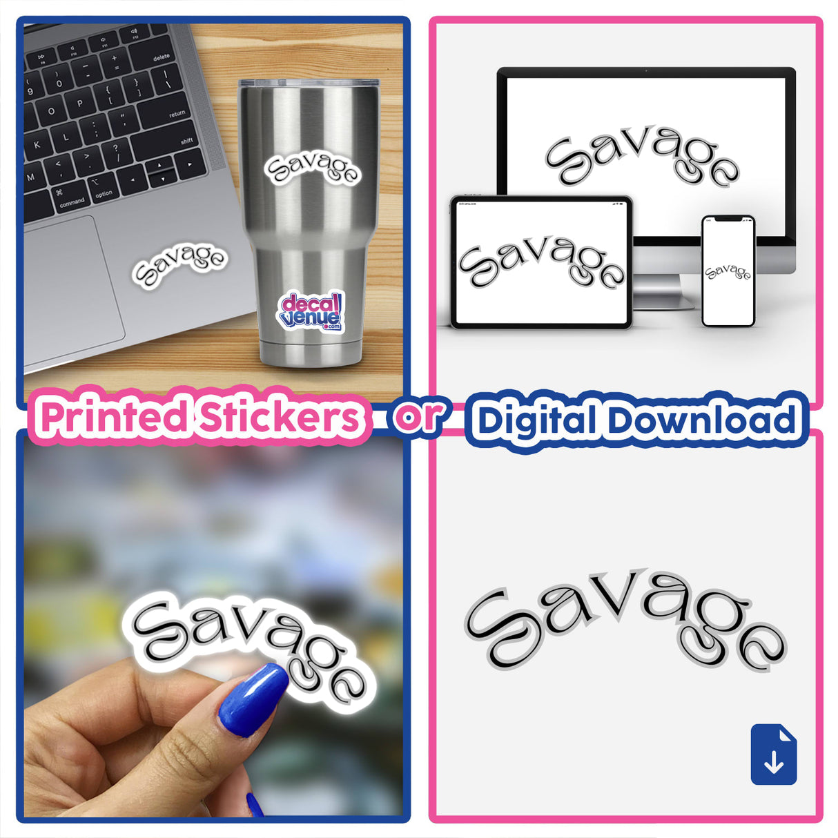 Collage featuring the Savage -in Black design, showcasing laptops and keyboards. Available as stickers or digital artwork, aligning with Decal Venue's unique offerings in tech-themed art.