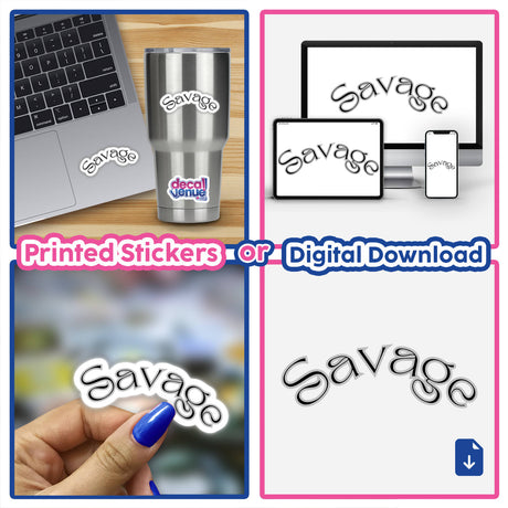Collage featuring the Savage -in Black design, showcasing laptops and keyboards. Available as stickers or digital artwork, aligning with Decal Venue's unique offerings in tech-themed art.