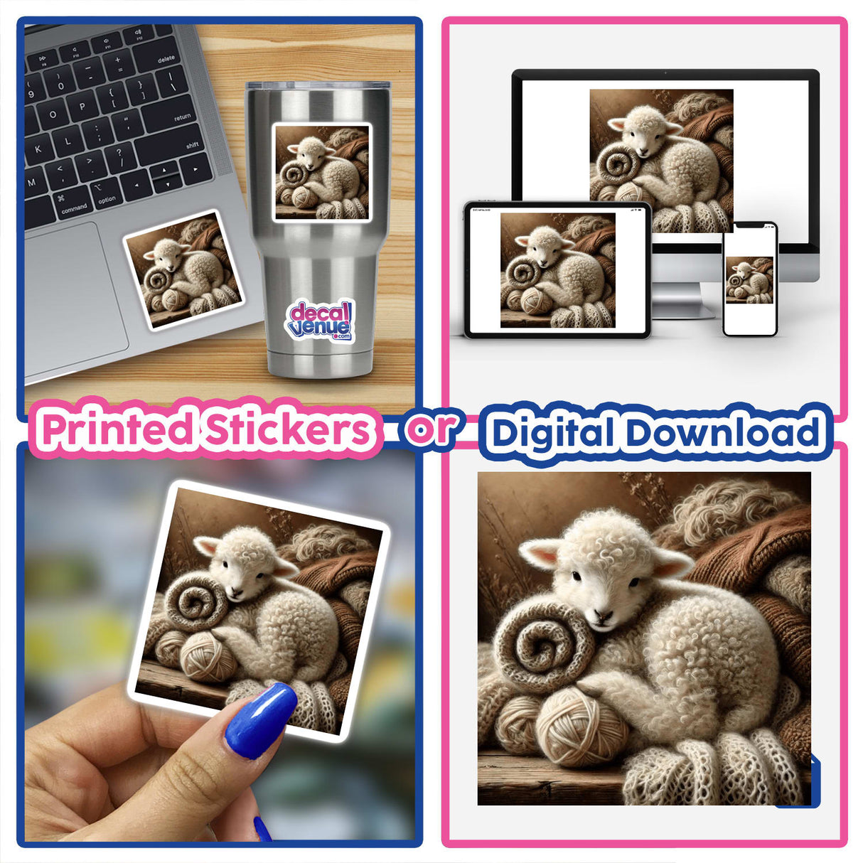 Collage featuring Lamb on Knitted Scarves with close-ups of a lamb nestled in yarn, a hand holding a lamb photo, and a laptop displaying a lamb image. Available as Stickers or Digital Artwork.