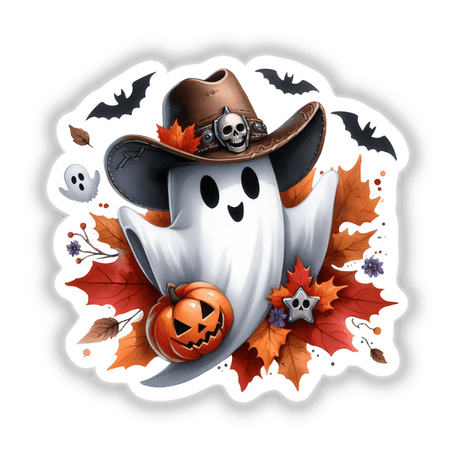 Halloween Autumn Cowboy Ghost cartoon featuring a ghost in a cowboy hat surrounded by pumpkins, a black cat's face, and a carved pumpkin. Available as Stickers or Digital Artwork.