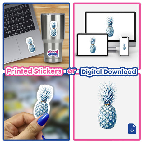 Chinoiserie Pineapple sticker adorning a laptop, blending traditional design with modern tech aesthetics, available as unique stickers or digital artwork from Decal Venue.